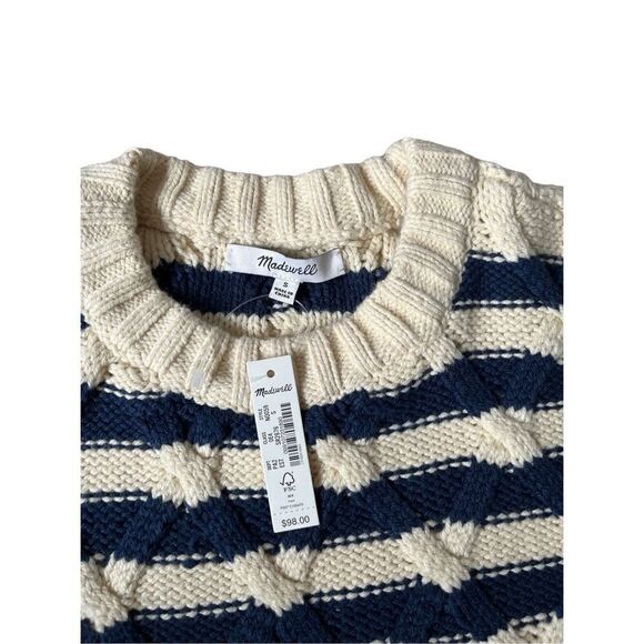 NWT Madewell Cable Knit Oversized Sweater in Stripe size Small Cream Navy Crewne - Picture 4 of 13